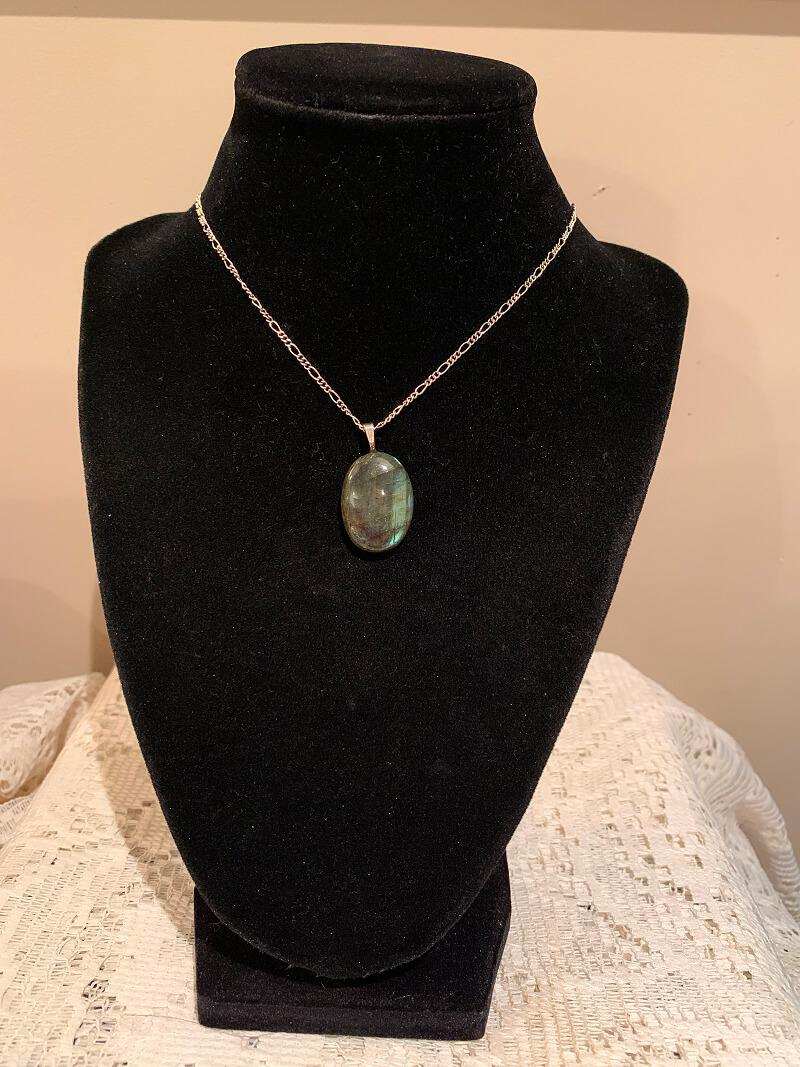 Oval Labradorite Cabochon Pendant – Smoky Grey – 925 Sterling Silver Chain